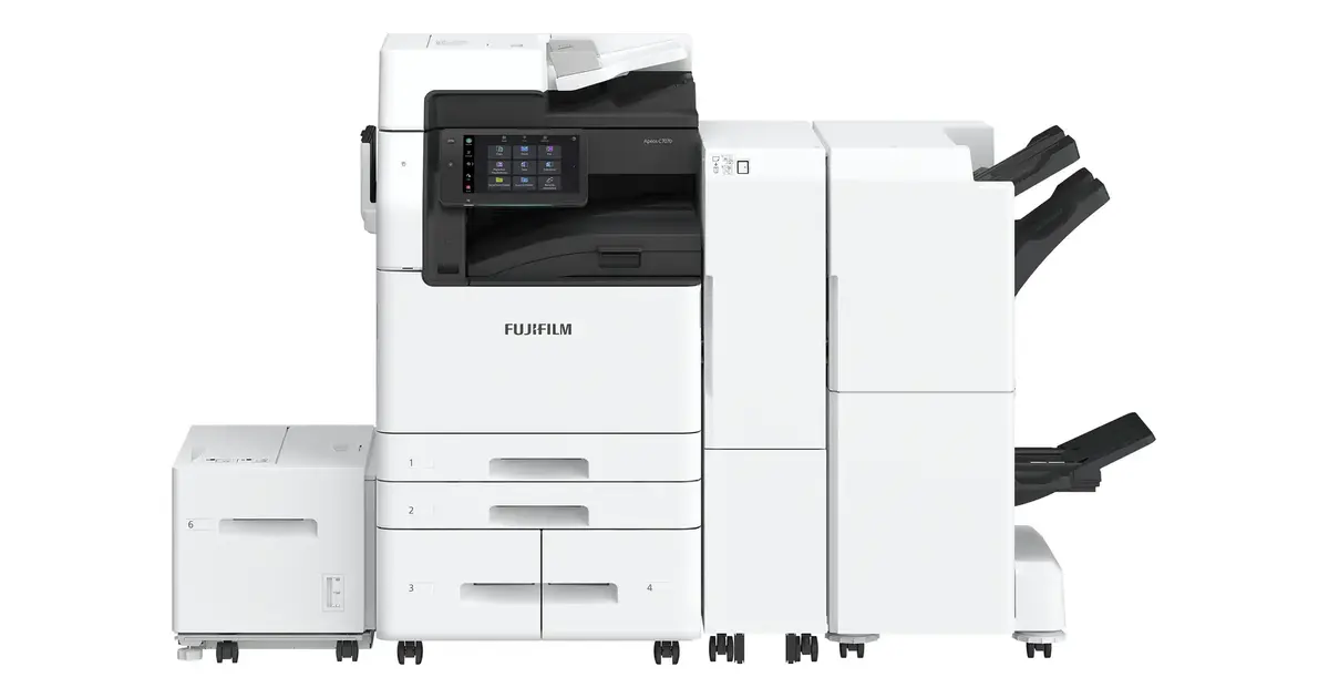 Fujifilm Apeos C7070 multifunction printer with booklet finisher, front view