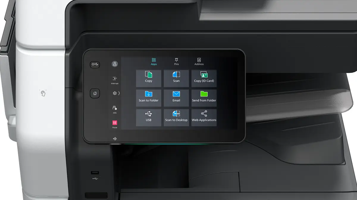Fujifilm Apeos touch panel with the Email app on the Home screen