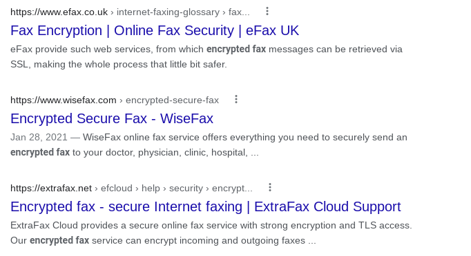 Screenshot of "encrypted fax" search on Google